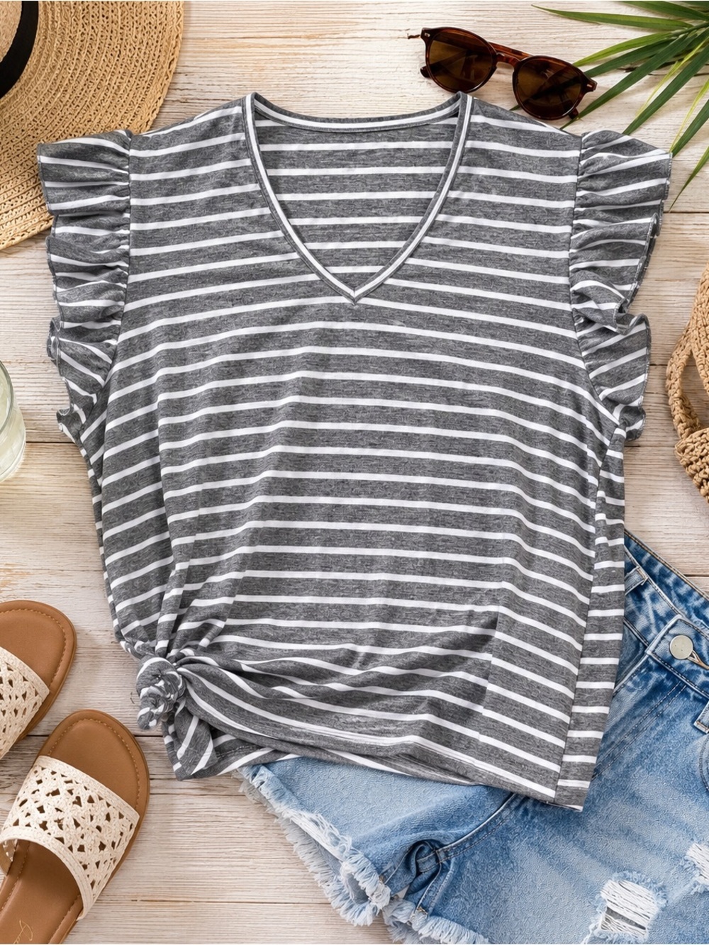 SHEIN Curve 2XL Gray White Striped Flutter Sleeve V Neck Tie Back Blouse Top